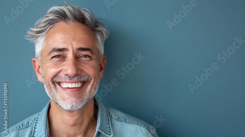 A middle-aged man with gray hair on a blue background with a pleasant smile. Health and beauty, healthy teeth. photo