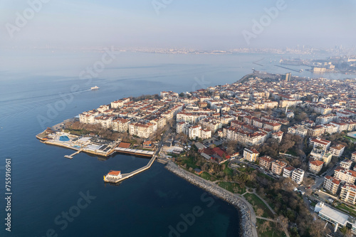 Historical Moda Pier. Moda neighbourhood of Kadikoy, Istanbul, Turkey. Beautiful aerial view. Drone shot.
