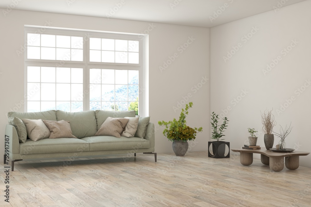 Fototapeta premium White living room with sofa. Scandinavian interior design. 3D illustration