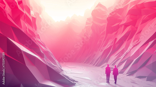 A lone figure in red walks amidst surreal, pink and white snowy mountains © RuslanWowAI