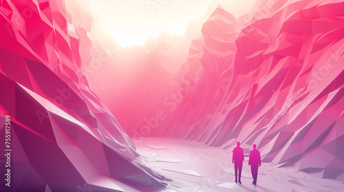 A lone figure in red walks amidst surreal  pink and white snowy mountains