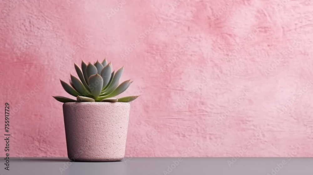 Succulent with soft pink painted concrete wall background. Negative space. Free space for text. Generative AI Succulent with soft pink painted concrete wall background. Negative space. Free space for text. Generative AI