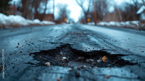 The city's roads stand in stark contrast, their surfaces riddled with deep cracks and gaping holes, painting a bleak picture of urban decay photo