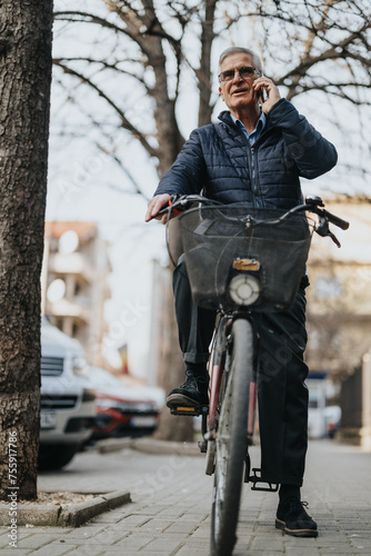 An elderly man enjoys a conversation on his mobile while pausing his bike ride along a tree-lined urban street. Capturing an active lifestyle and connectivity.