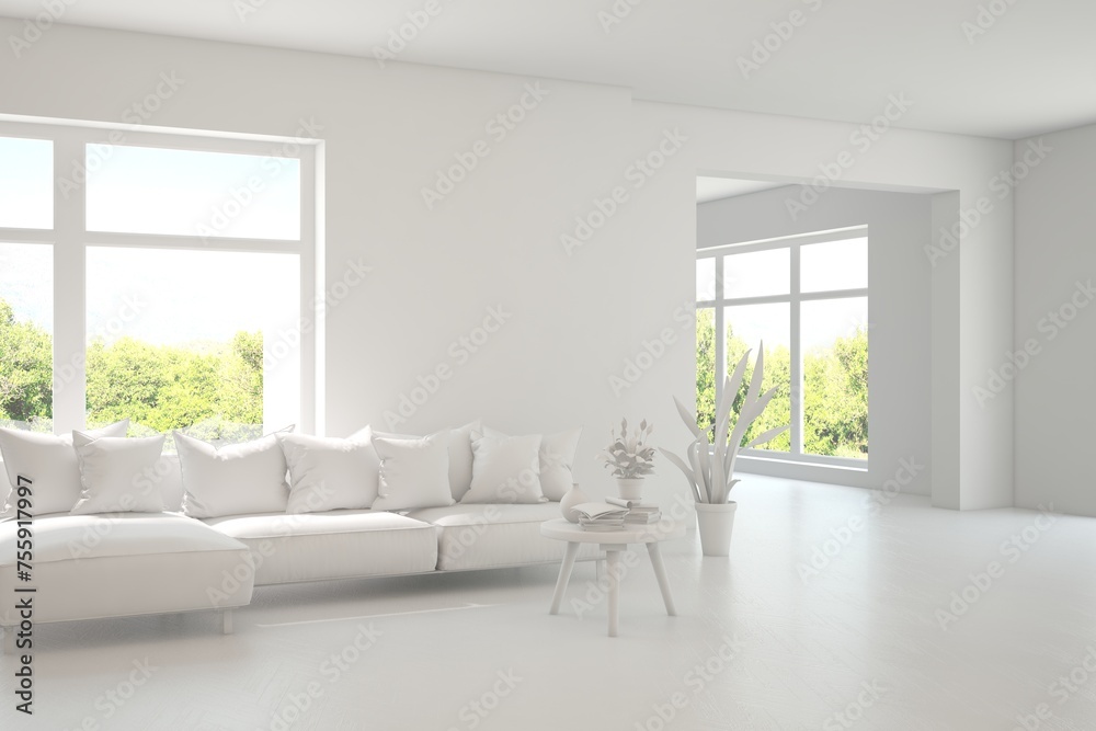 Fototapeta premium Grey living room concept with sofa and summer landscape in window. Scandinavian interior design. 3D illustration