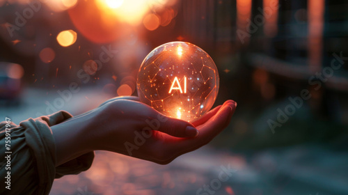 Hand holding crystal ball with AI text on a bokeh lights background