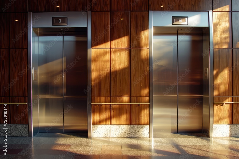In the grandeur of a contemporary office building, modern elevators seamlessly integrate into the impressive architectural framework, offering efficiency and elegance