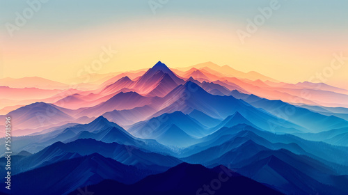 Serene view of layered mountains bathed in gradient hues of sunrise or sunset photo