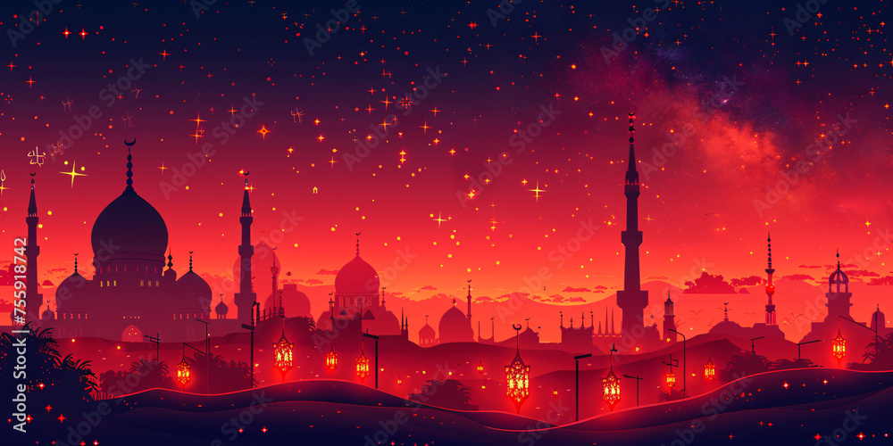  A mystical sunset over an ornate, silhouetted cityscape with stars sprinkling the vibrant sky.