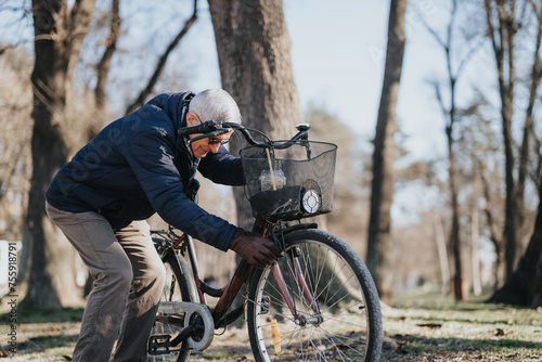 Elderly man with glasses outdoors adjusting his bike on a bright, sunny day in the park, representing an active and healthy lifestyle.