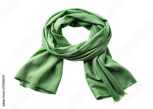 Green silk scarf isolated on transparent background. Female accessory.