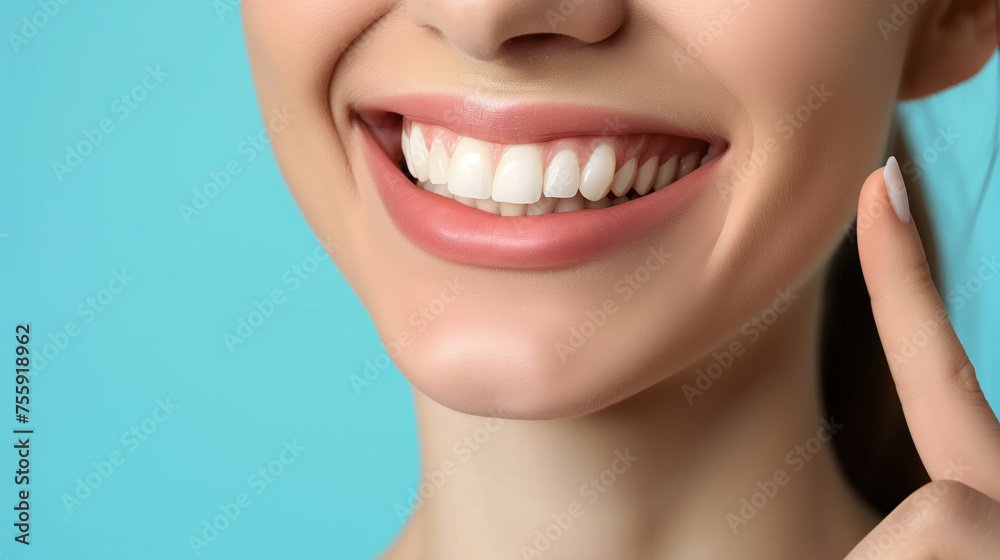 Fototapeta premium Dentistry, Woman with beautiful teeth. Close-up photo. Woman with beautiful teeth. Pointing finger at his own bright smile. Advertising image.