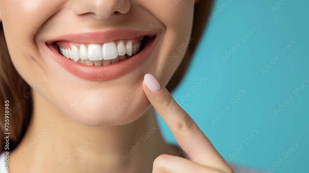 Dentistry, Woman with beautiful teeth. Close-up photo. Woman with beautiful teeth. Pointing finger at his own bright smile. Advertising image. Dentistry, Woman with beautiful teeth. Close-up photo. Woman with beautiful teeth. Pointing finger at his own bright smile. Advertising image.