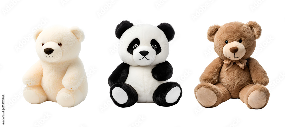 Cute 3D Stuffed Toy Bears Set: Panda, Polar Bear, and Teddy, Isolated on Transparent Background, PNG Cute 3D Stuffed Toy Bears Set: Panda, Polar Bear, and Teddy, Isolated on Transparent Background, PNG