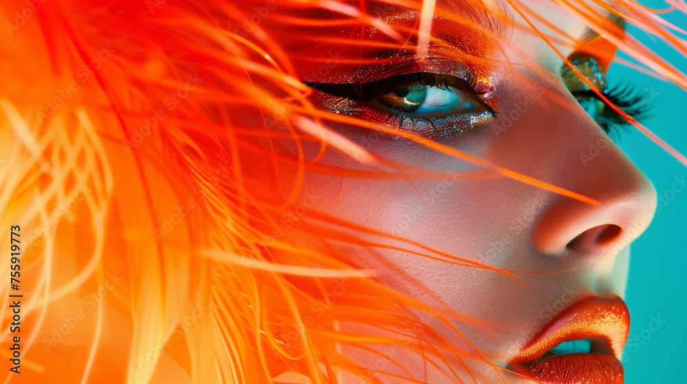 Fototapeta premium Bright fashion portrait of a woman. Colorful, rich colors, unusual image. Fashion and beauty.