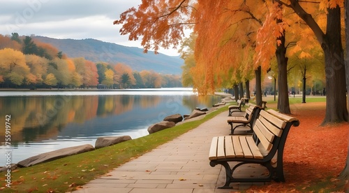 Benches in parks next to lakes. Autumn foliage and changing colors.