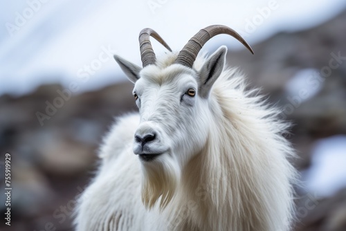A close-up of a mountain goat in its natural habitat