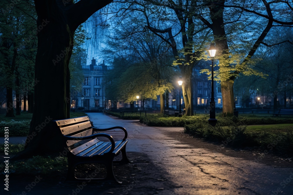 A peaceful park at the onset of blue hour