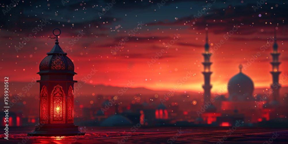 A mystical sunset over an ornate, silhouetted cityscape with stars sprinkling the vibrant sky.