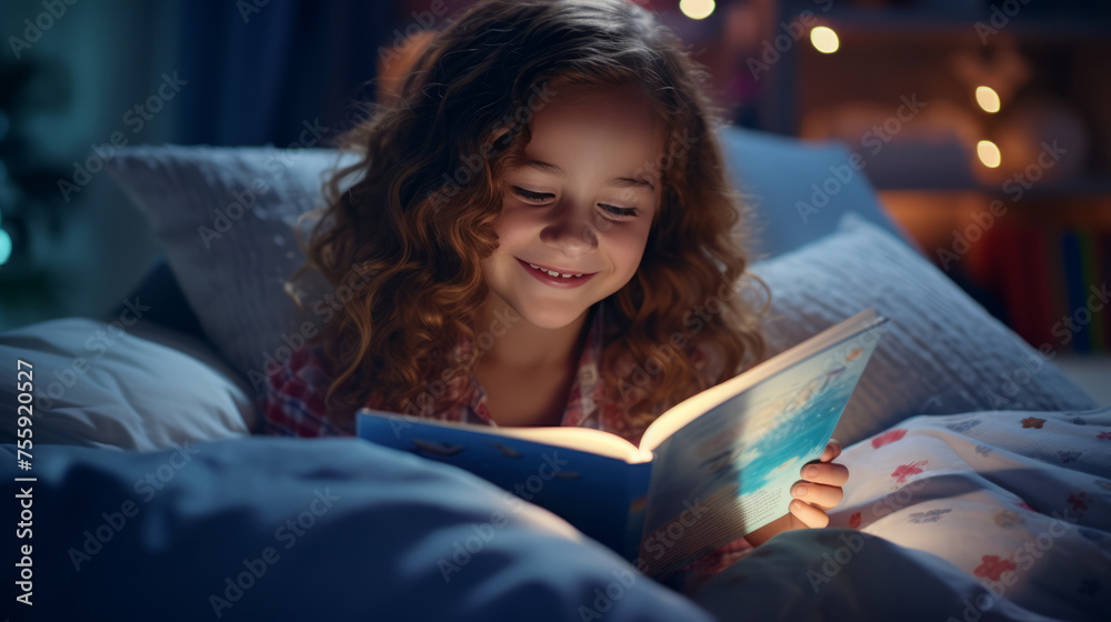 A charming girl of about five years old sits comfortably in bed before going to bed and looks at a book. Rituals for putting a child to sleep, reading to children A charming girl of about five years old sits comfortably in bed before going to bed and looks at a book. Rituals for putting a child to sleep, reading to children