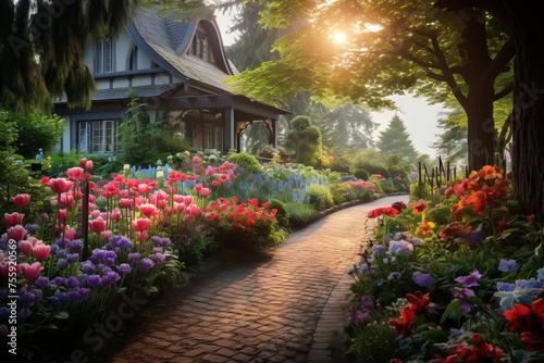 A serene garden with vibrant afternoon flowers photo