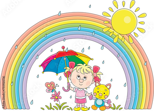 Little girl with her funny toy cat holding a beautiful striped umbrella over a small butterfly on a flower and saving it from summer rain, black and white outline vector cartoon illustration
