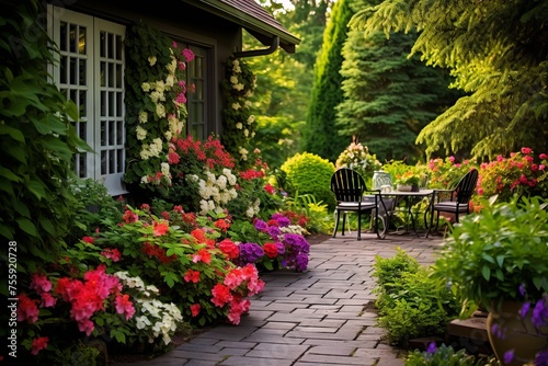 A tranquil garden with vibrant afternoon flowers