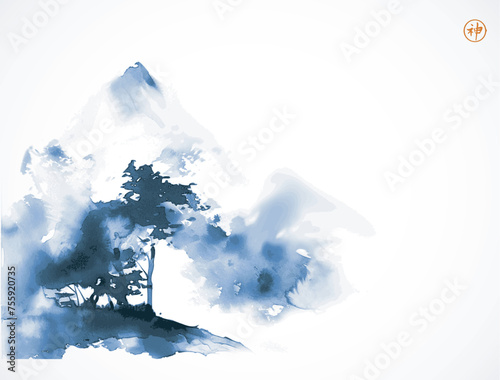 Blue misty mountain with forest trees. Traditional Japanese ink wash painting sumi-e. Hieroglyph - spirit