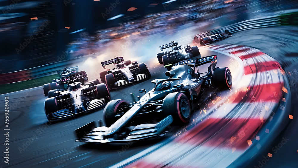 Obraz premium Intense Formula 1 race with cars speeding around a hairpin turn, tires screeching, sparks flying, spectators cheering, capturing the adrenaline rush and competition, Photography, high-speed shutter,