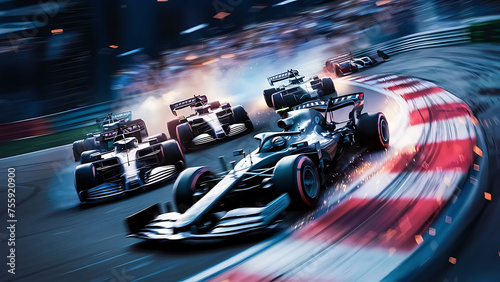 Intense Formula 1 race with cars speeding around a hairpin turn, tires screeching, sparks flying, spectators cheering, capturing the adrenaline rush and competition, Photography, high-speed shutter, photo