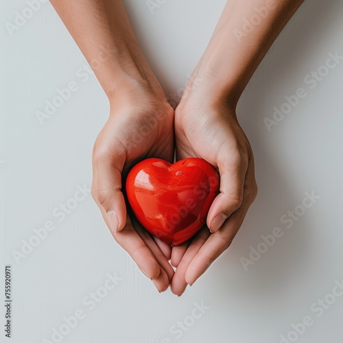Hands holding red heart on white background. Health care or donate concept. World heart day