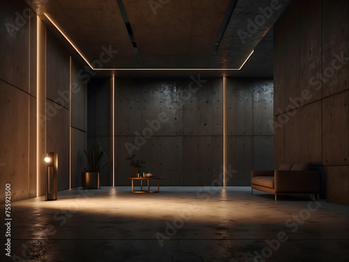 An empty room with a dark design, an abstract brown concrete interior design. Several lights are illuminated, casting a glow across the space in the night view