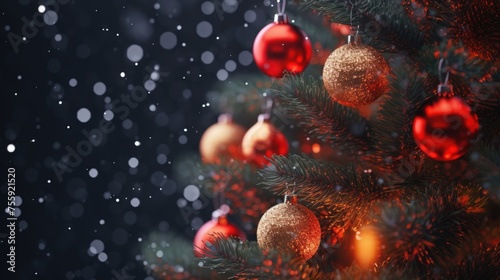 Decorated Christmas tree on blurred background. Close up Xmas wallpaper. Empty space for text