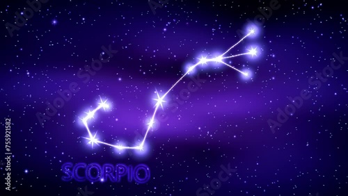 Animation of the Scorpio zodiac sign in the cosmic night sky.
The Scorpio zodiac sign is a constellation of bright stars connected by luminous lines. Constellation and horoscope symbol. Astronomy.
