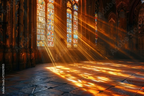 Light rays streaming through a stained glass window in an old gothic church