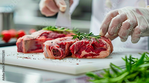 Pathology analysis in meat examination detailing the detection of undesired elements with a clean white background serving to underscore the importance of purity and sanitation in the food industry photo