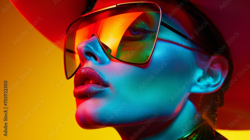Bright fashion portrait of a woman in stylish sunglasses. Colorful, rich colors, unusual image. Fashion and beauty.