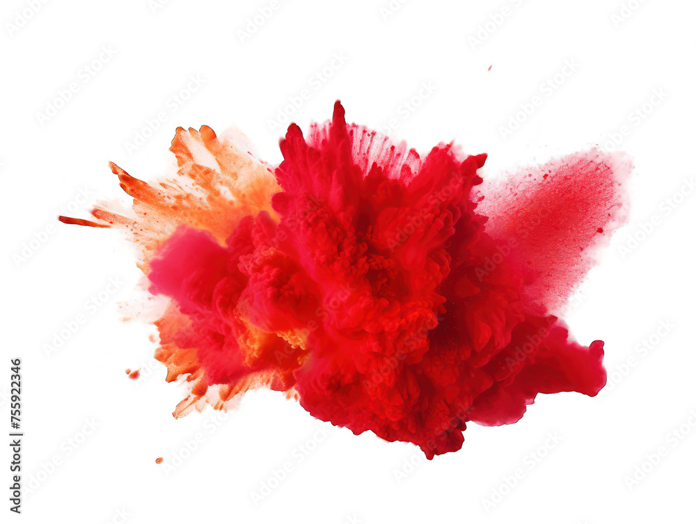 Red paint color powder festival explosion burst isolated on transparent background, transparency image, removed background