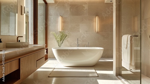 Modern Luxury Bathroom Interior with Elegant Bathtub  Natural Light  and Stone Wall