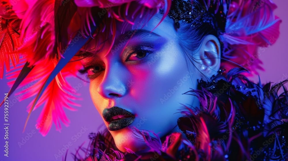 Fototapeta premium Bright fashion portrait of a supermodel. Colorful, rich colors, unusual image. Fashion and beauty.