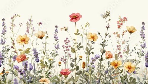 Vintage botanical illustration pattern  wildflowers and herbs  watercolor illustration