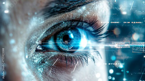 Close up of beautiful female eye with cyber technology elements, iris recognition and identification futuristic concept. Generative AI