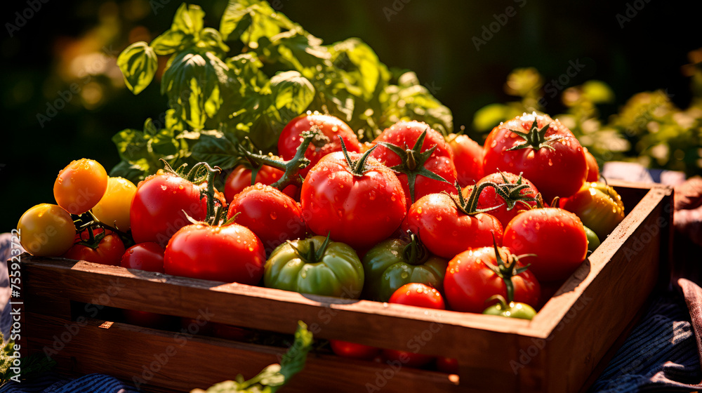 close up of a tray full of delicious freshly picked farm fresh tomatoes, organic product. view from above. AI generate close up of a tray full of delicious freshly picked farm fresh tomatoes, organic product. view from above. AI generate
