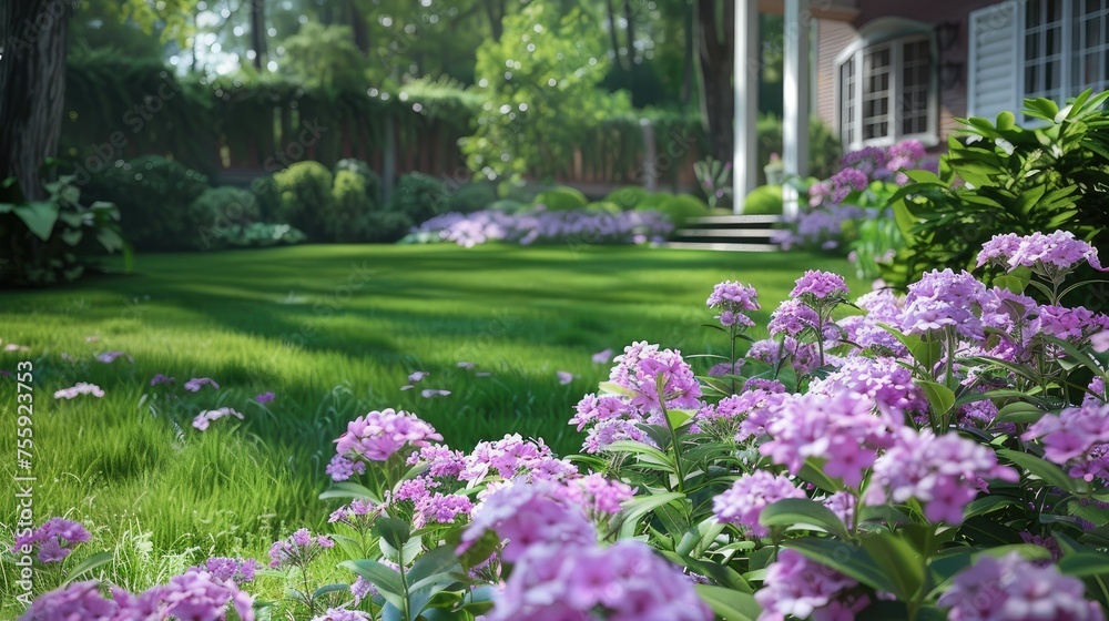 environment of a private farmhouse garden. This includes having well-kept phlox flowers, a lush green lawn and perhaps other garden features such as trees or shrubs in the background
