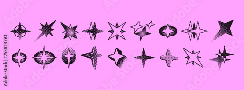 Pixel Y2K stars. Set of trendy different bitmap graphic elements. Retro futuristic clip art shapes for collage or retro design. 8 bit. Vector illustration.