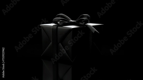 The black gift and ribbon are placed in a visually pleasing manner on a black surface, taking into account the placement of elements to create a balanced composition with ample copy space.