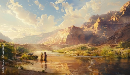 Jesus being baptized in the river Jordan with John the Baptist Generative AI photo