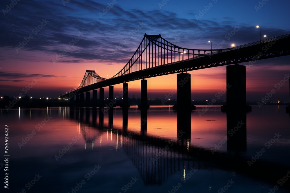 The silhouette of a bridge during the twilight