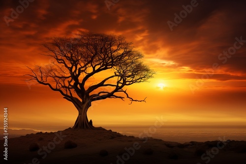 The silhouette of a tree against a golden sky