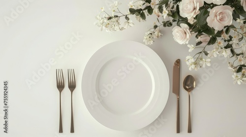 Spring-themed table settings with gold cutlery and white dishes, linens and decorative accents will complement the spring theme and highlight the romantic atmosphere.